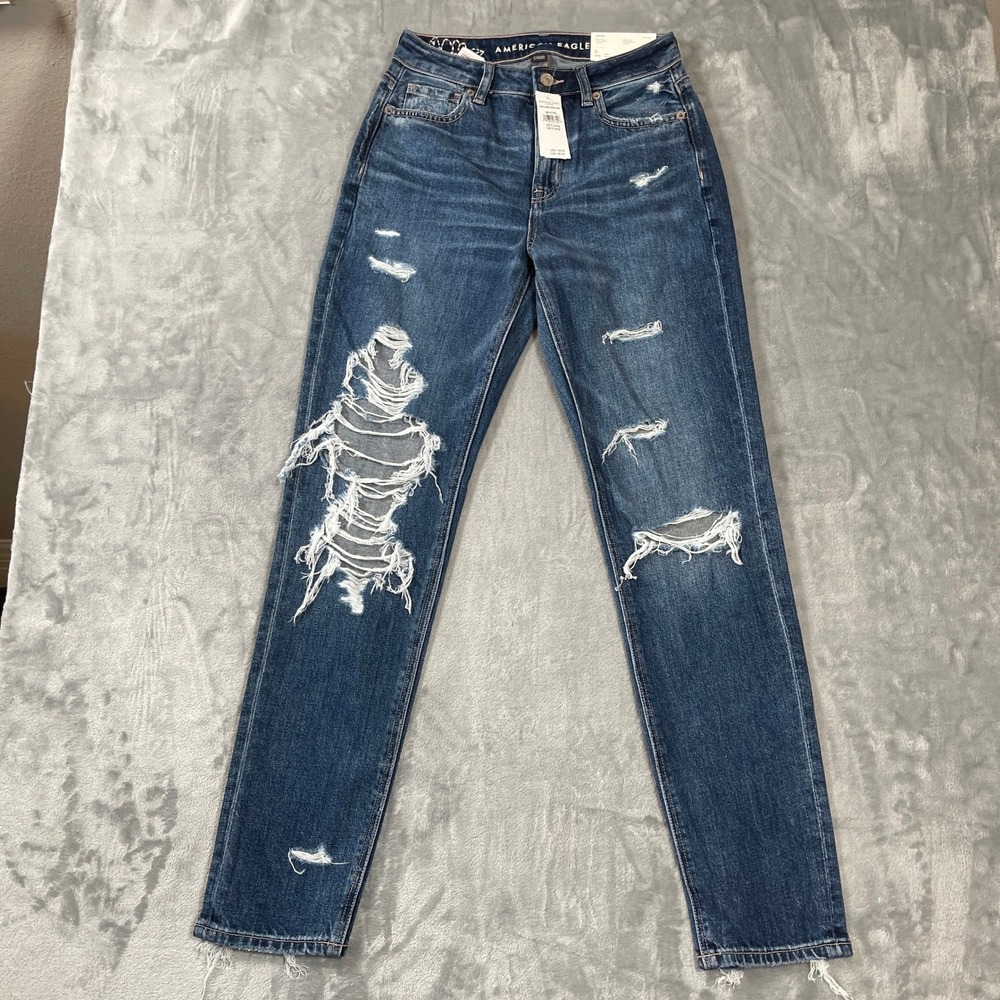 American Eagle Jeans 0 Long 25W Mom Super Indigo Distressed High Rise